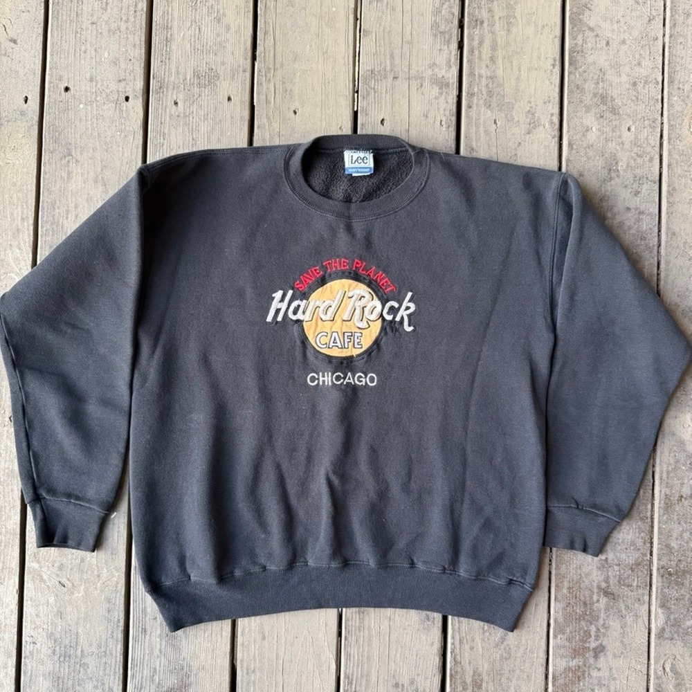 Lee Hard Rock Cafe Chicago Sweatshirt Vintage 90s Black Embroidered Crewneck XL